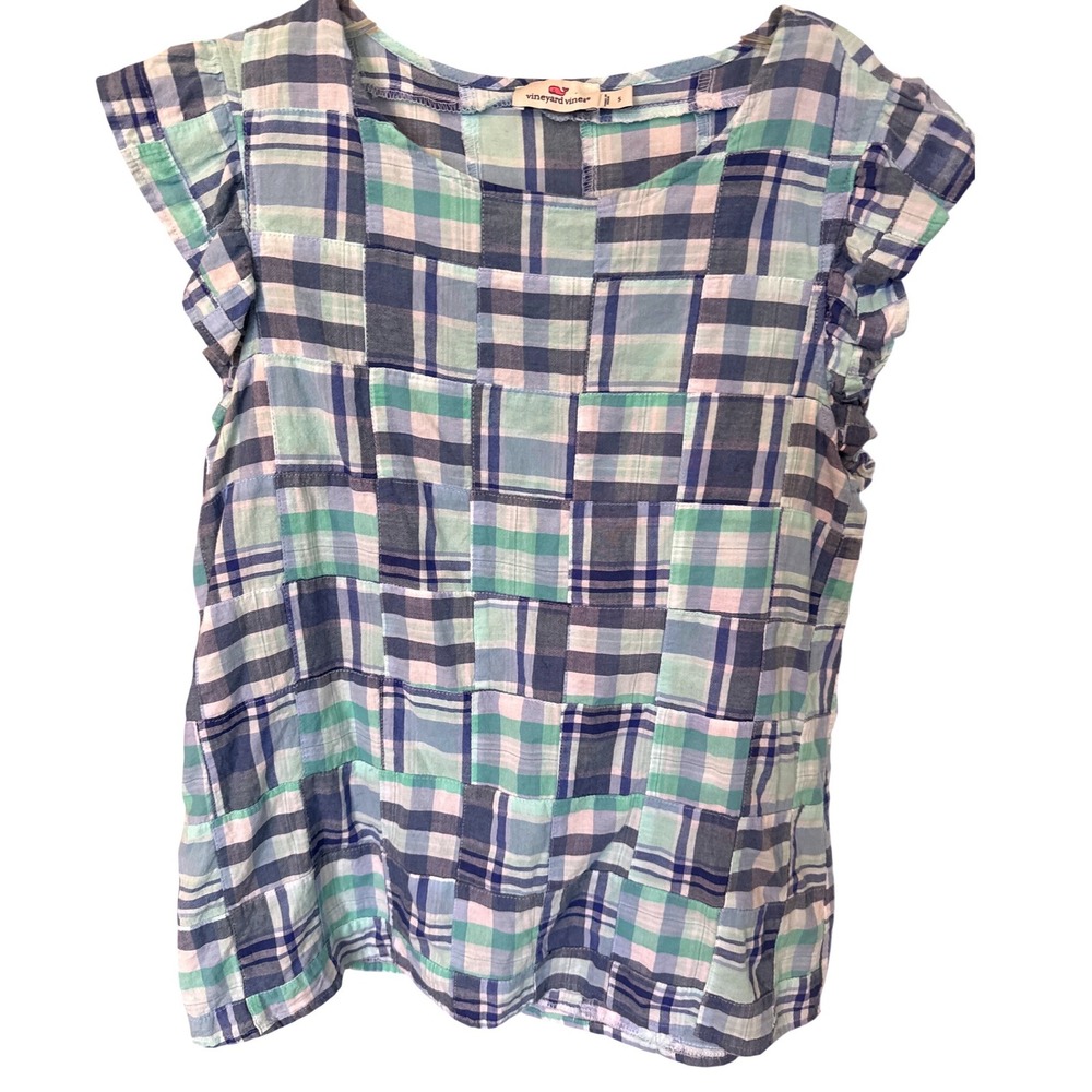 Vineyard Vines patchwork plaid ruffle blouse in b… - image 1